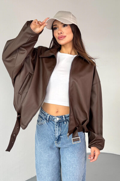 CKT-2017 Kahverengi Suni Deri Kemerli Astarlı Oversize Ceket - Cappmoda