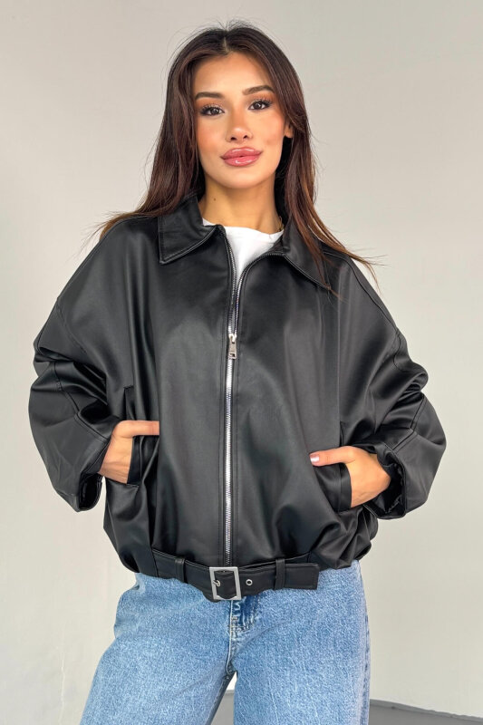 CKT-2017 Siyah Suni Deri Kemerli Astarlı Oversize Ceket - 4