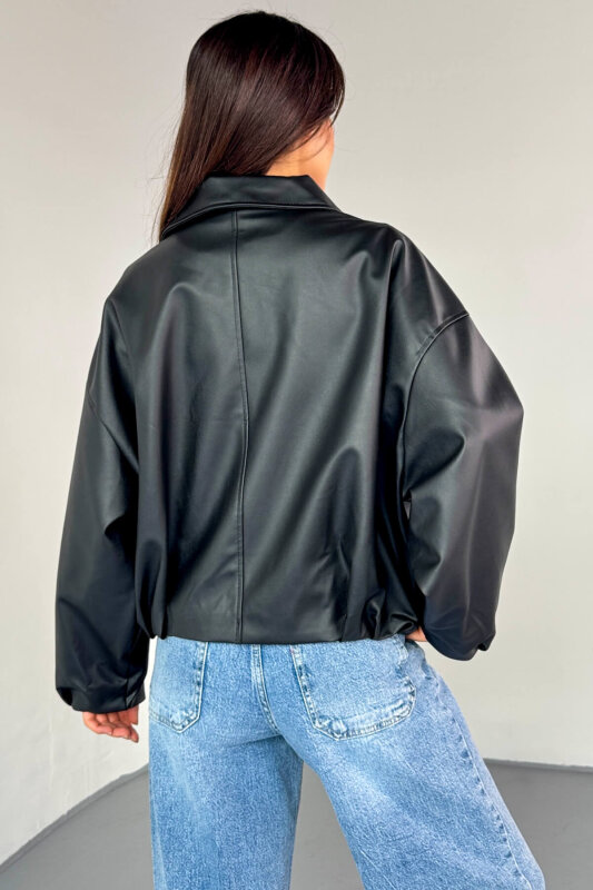 CKT-2017 Siyah Suni Deri Kemerli Astarlı Oversize Ceket - 5