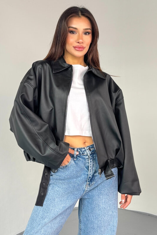 CKT-2017 Siyah Suni Deri Kemerli Astarlı Oversize Ceket - 6