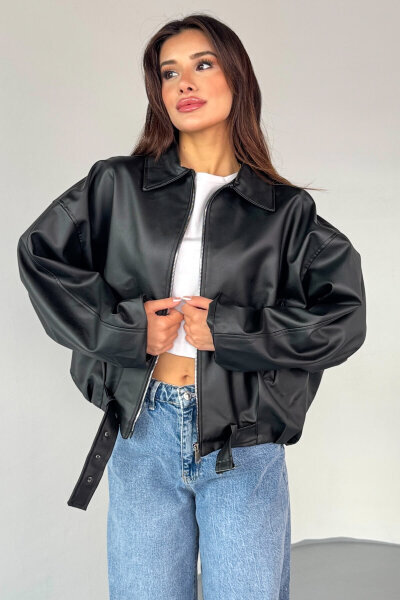 CKT-2017 Siyah Suni Deri Kemerli Astarlı Oversize Ceket - 7