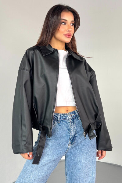 CKT-2017 Siyah Suni Deri Kemerli Astarlı Oversize Ceket - 8