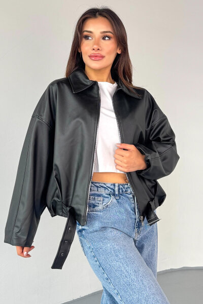 CKT-2017 Siyah Suni Deri Kemerli Astarlı Oversize Ceket - Cappmoda (1)