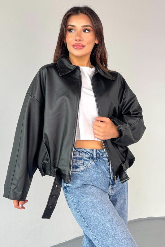 CKT-2017 Siyah Suni Deri Kemerli Astarlı Oversize Ceket - 2