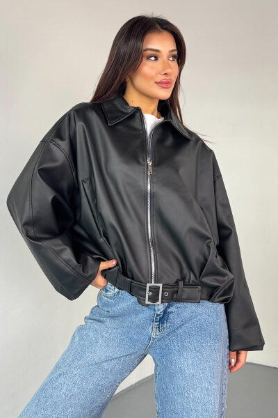 CKT-2017 Siyah Suni Deri Kemerli Astarlı Oversize Ceket - 3