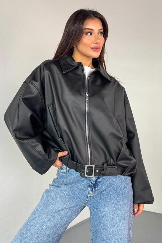 CKT-2017 Siyah Suni Deri Kemerli Astarlı Oversize Ceket - 3