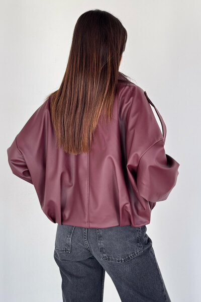 CKT-2020 Bordo Suni Deri Astarlı Fermuarlı ve Çıtçıtlı Oversize Ceket - 4