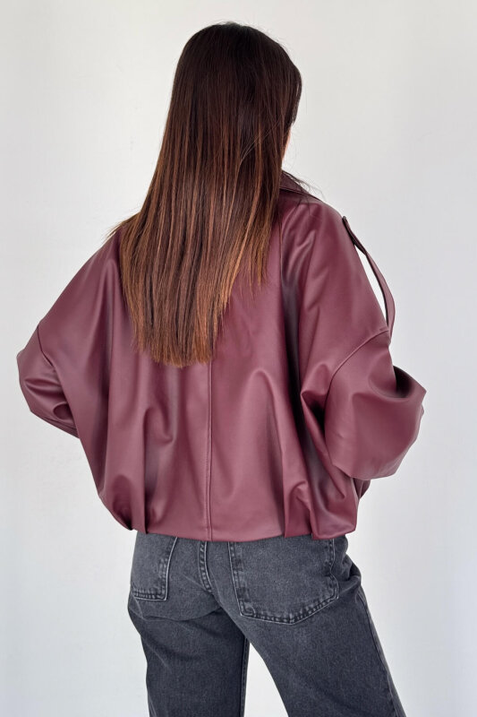 CKT-2020 Bordo Suni Deri Astarlı Fermuarlı ve Çıtçıtlı Oversize Ceket - 4