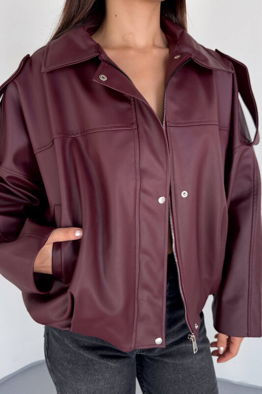 CKT-2020 Bordo Suni Deri Astarlı Fermuarlı ve Çıtçıtlı Oversize Ceket - 5