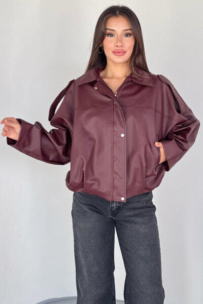 CKT-2020 Bordo Suni Deri Astarlı Fermuarlı ve Çıtçıtlı Oversize Ceket - 6