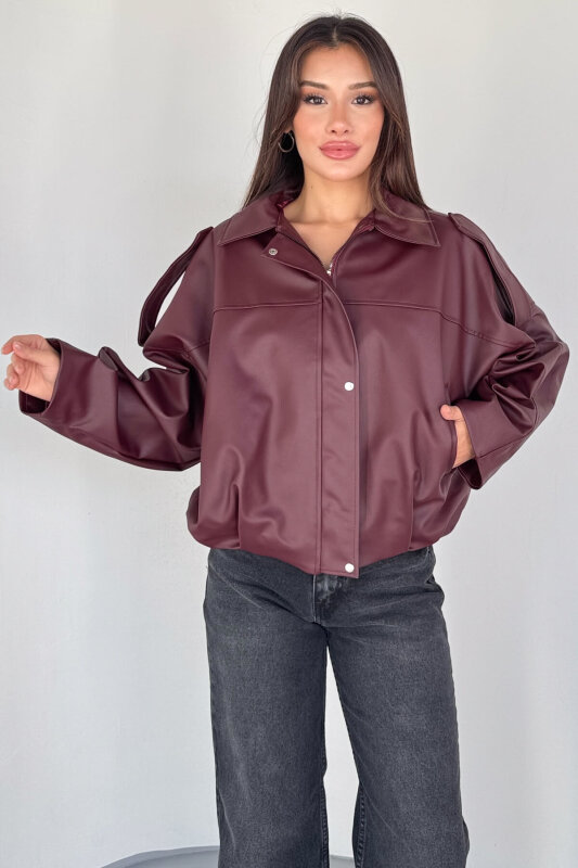 CKT-2020 Bordo Suni Deri Astarlı Fermuarlı ve Çıtçıtlı Oversize Ceket - 6