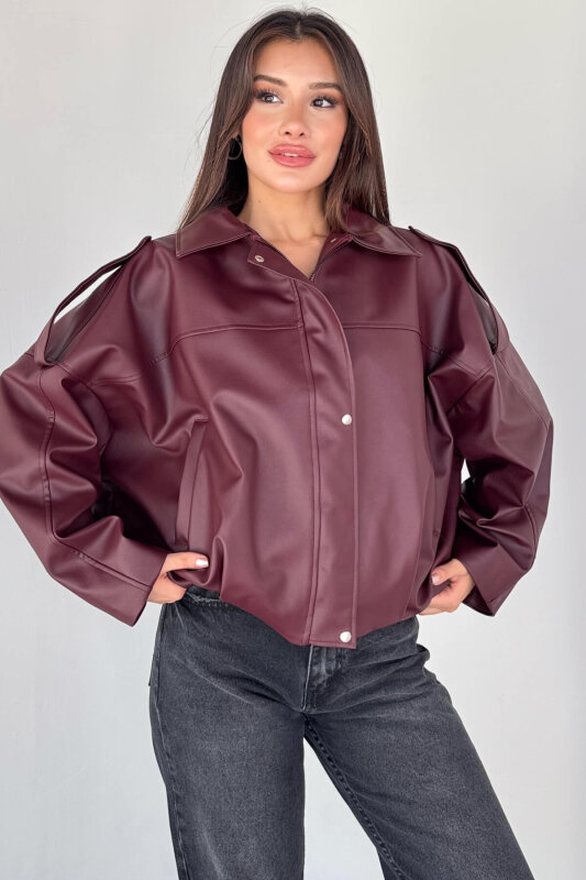 CKT-2020 Bordo Suni Deri Astarlı Fermuarlı ve Çıtçıtlı Oversize Ceket - 7