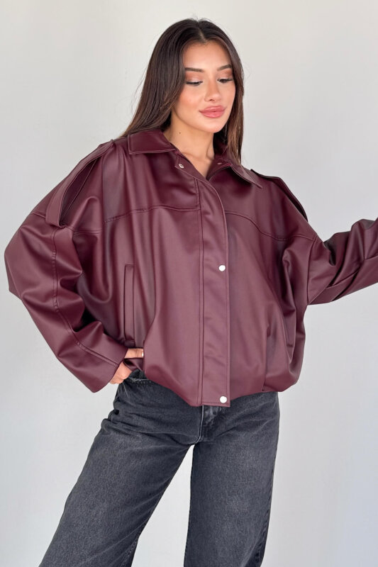 CKT-2020 Bordo Suni Deri Astarlı Fermuarlı ve Çıtçıtlı Oversize Ceket - 8
