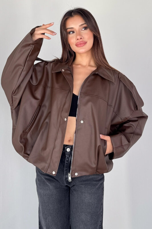 CKT-2020 Kahverengi Suni Deri Astarlı Fermuarlı ve Düğmeli Oversize Ceket - 1