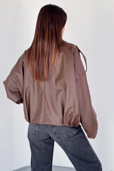 CKT-2020 Kahverengi Suni Deri Astarlı Fermuarlı ve Düğmeli Oversize Ceket - Cappmoda (1)