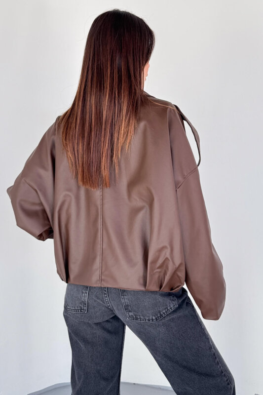 CKT-2020 Kahverengi Suni Deri Astarlı Fermuarlı ve Düğmeli Oversize Ceket - 2