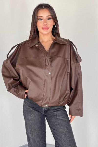 CKT-2020 Kahverengi Suni Deri Astarlı Fermuarlı ve Düğmeli Oversize Ceket - 3