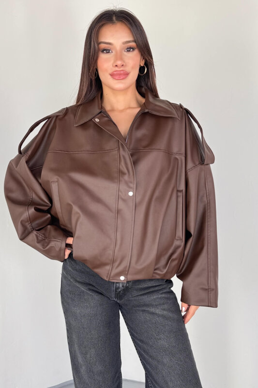 CKT-2020 Kahverengi Suni Deri Astarlı Fermuarlı ve Düğmeli Oversize Ceket - 3