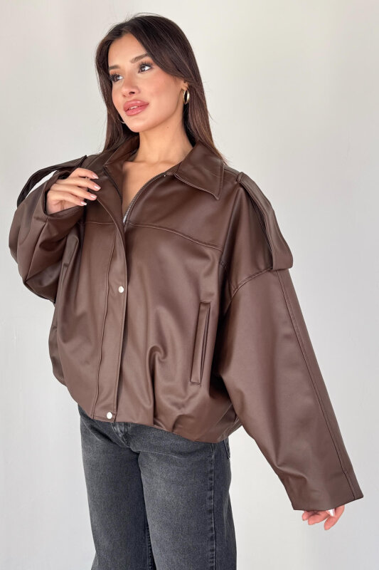 CKT-2020 Kahverengi Suni Deri Astarlı Fermuarlı ve Düğmeli Oversize Ceket - 4