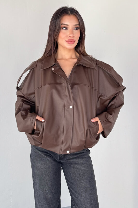 CKT-2020 Kahverengi Suni Deri Astarlı Fermuarlı ve Düğmeli Oversize Ceket - 5