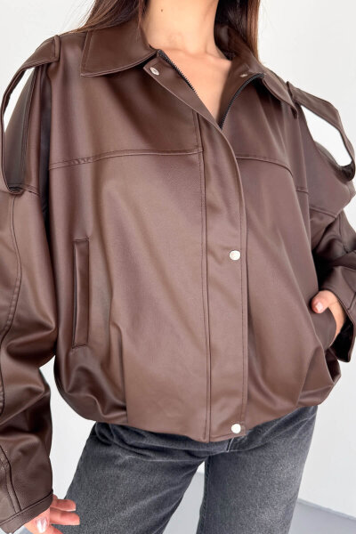 CKT-2020 Kahverengi Suni Deri Astarlı Fermuarlı ve Düğmeli Oversize Ceket - 6