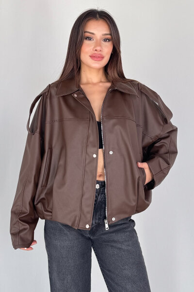 CKT-2020 Kahverengi Suni Deri Astarlı Fermuarlı ve Düğmeli Oversize Ceket - 7