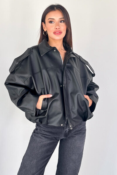 CKT-2020 Siyah Suni Deri Astarlı Fermuarlı ve Düğmeli Oversize Ceket - Cappmoda (1)