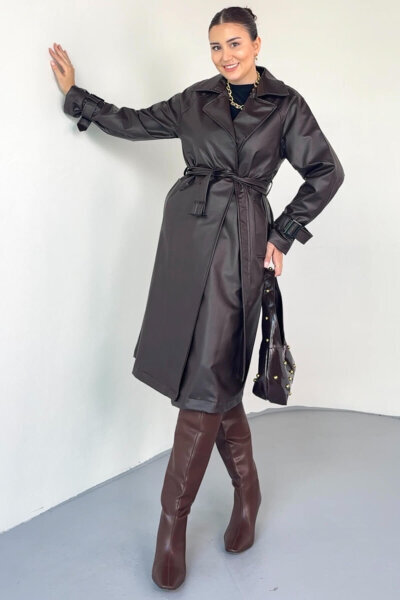 CKT-2035 Kahverengi Suni Deri Kuşaklı Uzun Trençkot - 3