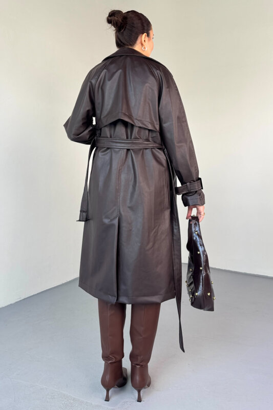 CKT-2035 Kahverengi Suni Deri Kuşaklı Uzun Trençkot - 5