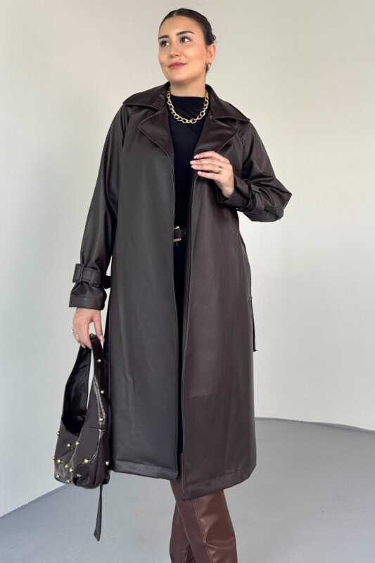 CKT-2035 Kahverengi Suni Deri Kuşaklı Uzun Trençkot - 1