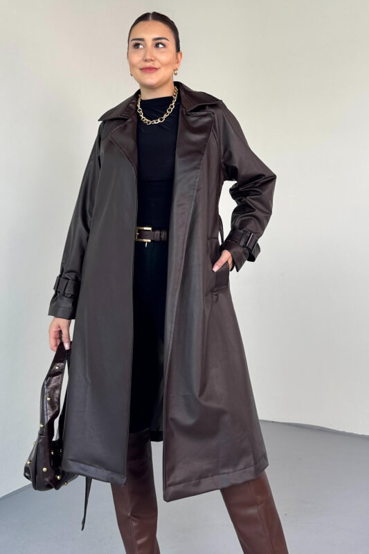 CKT-2035 Kahverengi Suni Deri Kuşaklı Uzun Trençkot - 6