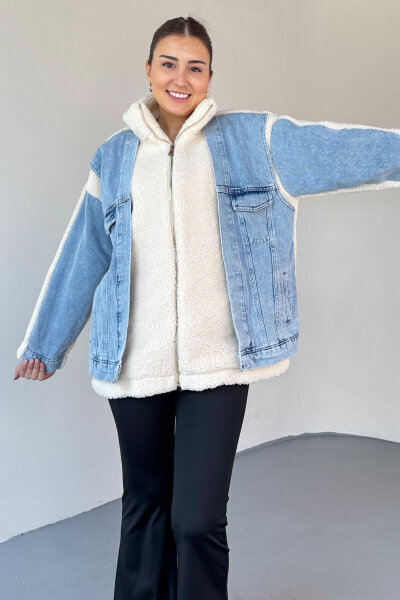CKT-2408 Krem Denim Garnili Kürklü Mont - 6