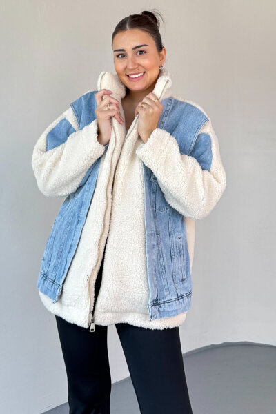 CKT-2408 Krem Denim Garnili Kürklü Mont - 2