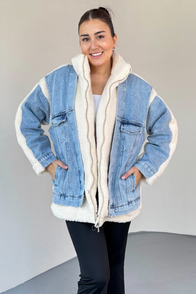CKT-2408 Krem Denim Garnili Kürklü Mont - 1