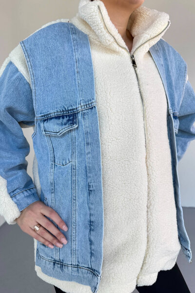 CKT-2408 Krem Denim Garnili Kürklü Mont - 3