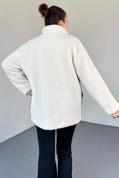 CKT-2408 Krem Denim Garnili Kürklü Mont - 4
