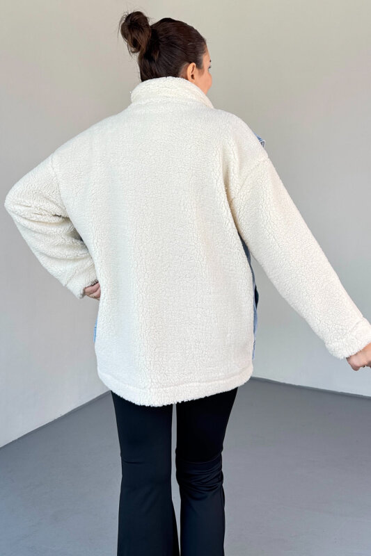 CKT-2408 Krem Denim Garnili Kürklü Mont - 4