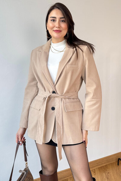 CKT-250561 Bej Astarlı Kemerli Süet Blazer Ceket - Cappmoda (1)