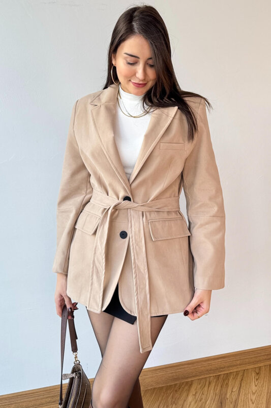 CKT-250561 Bej Astarlı Kemerli Süet Blazer Ceket - 3