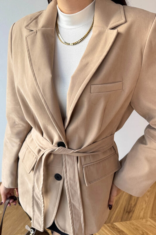 CKT-250561 Bej Astarlı Kemerli Süet Blazer Ceket - 5