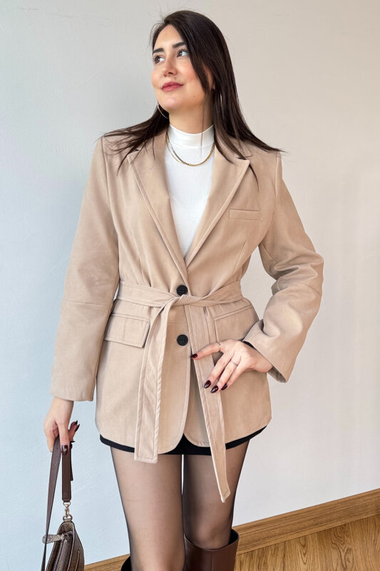 CKT-250561 Bej Astarlı Kemerli Süet Blazer Ceket - 1