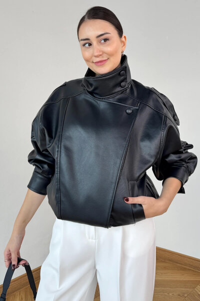 CKT-250566 Siyah Astarlı Apoletli Yarasa Yaka Bel Lastikli Suni Deri Milan Ceket - Cappmoda (1)