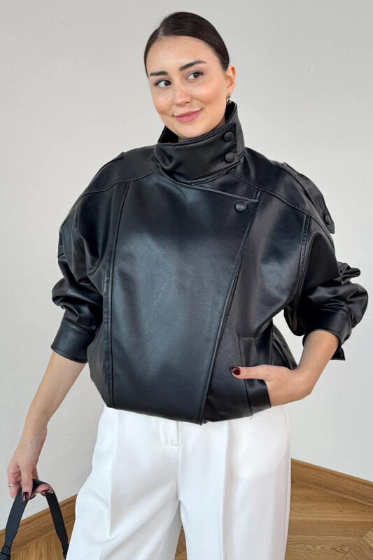 CKT-250566 Siyah Astarlı Apoletli Yarasa Yaka Bel Lastikli Suni Deri Milan Ceket - 2