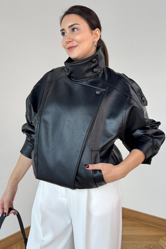 CKT-250566 Siyah Astarlı Apoletli Yarasa Yaka Bel Lastikli Suni Deri Milan Ceket - 4
