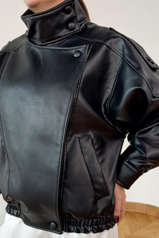 CKT-250566 Siyah Astarlı Apoletli Yarasa Yaka Bel Lastikli Suni Deri Milan Ceket - 5