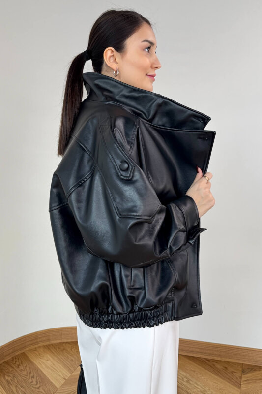 CKT-250566 Siyah Astarlı Apoletli Yarasa Yaka Bel Lastikli Suni Deri Milan Ceket - 6