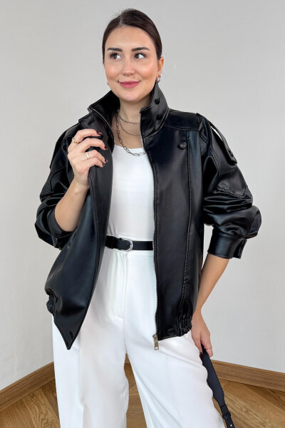 CKT-250566 Siyah Astarlı Apoletli Yarasa Yaka Bel Lastikli Suni Deri Milan Ceket - Cappmoda