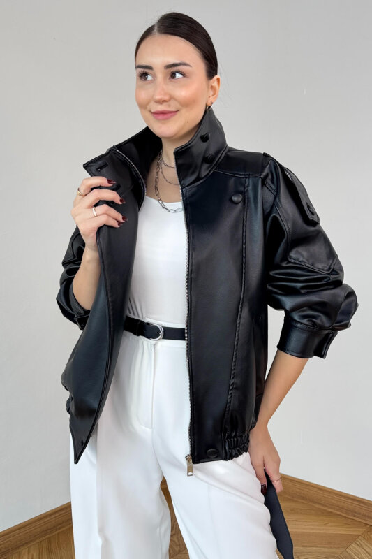 CKT-250566 Siyah Astarlı Apoletli Yarasa Yaka Bel Lastikli Suni Deri Milan Ceket - 3