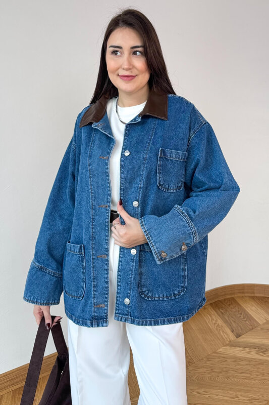 CKT-250570 Mavi Deri Yakalı Düğmeli Oversize Kot Ceket - 2