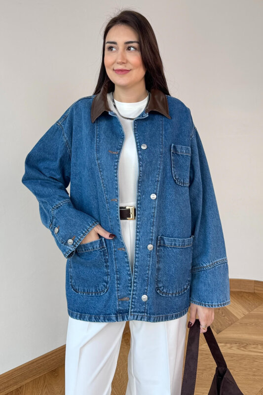 CKT-250570 Mavi Deri Yakalı Düğmeli Oversize Kot Ceket - 5
